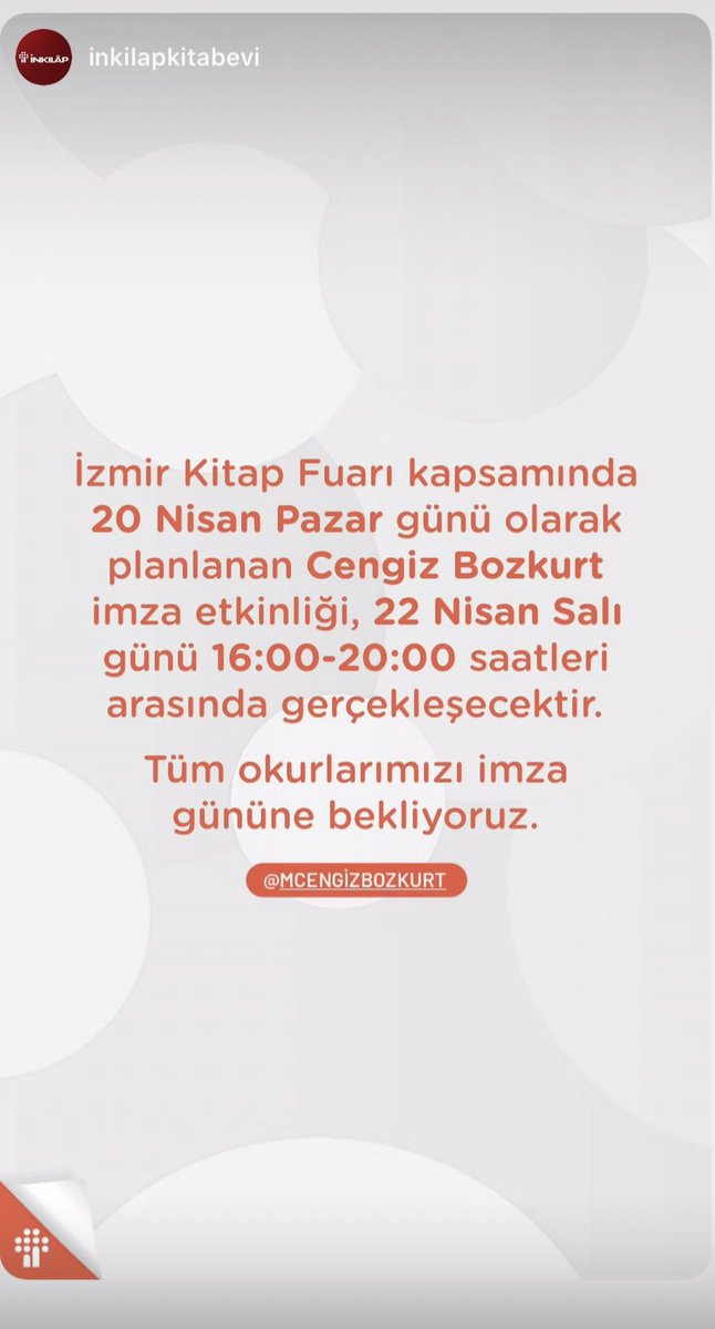 İzmir Kitap Fuarı’na 22 Nisan Salı 16:00-20:00 arası gelebiliyorum, hepinizi fuar alanına beklerim.