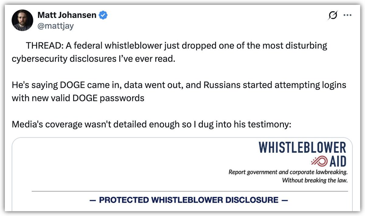 ‼️ Podle whistleblowera získal tým DOGE, vedený Elonem Muskem, přístup k systémům NLRB a stáhl přibližně 10 GB citlivých dat. Krátce poté byly zaznamenány přihlášení z ruských IP adresy s použitím nově vytvořených přihlašovacích údajů 

1/2