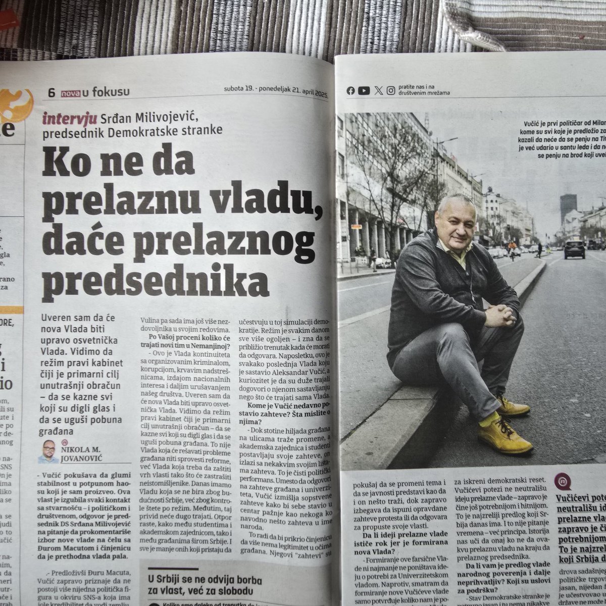 srdjanmil037's tweet photo. Ko ne da Prelaznu vladu daće prelaznog predsednika.
Intervju za novine Nova
@novarsonline
Kroz intervju sam objasnio zašto je DS za Univerzitetsko-ekspertsku vladu i zašto je protiv bilo kakve vlade u kojoj učestvuju predstavnici Vučićevog režima. https://t.co/VKGntNMY8W