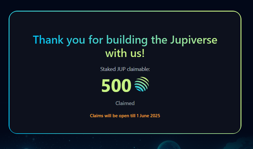 $JUP
<a href="/JupiterExchange/">Jupiter (🐱, 🐐)</a>
贡献者空投可以领了，领到了近200U大毛，舒服了！ 空投领取：jupuary.jup.ag/good-cats 领到的是质押的 $JUP ，质押了有投票权，记得每次投票都去投，解锁的话需要30天： vote.jup.ag