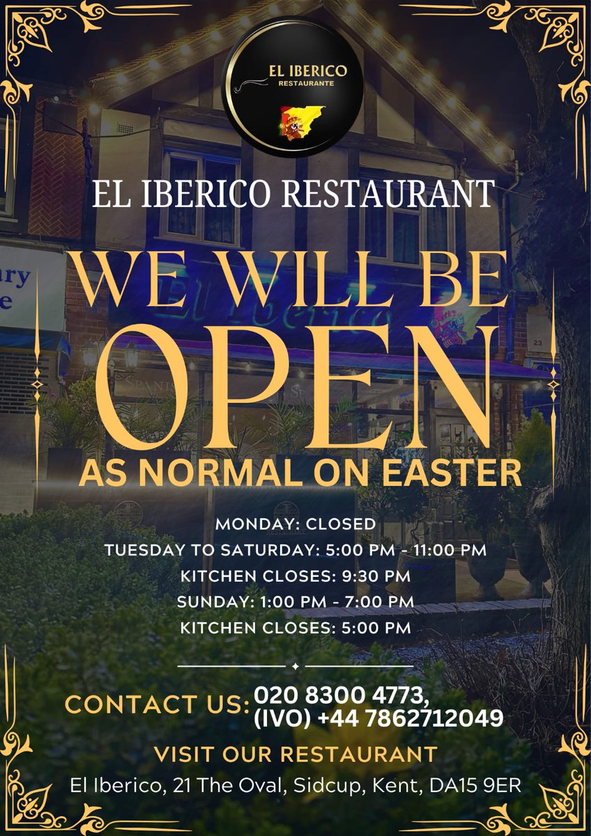 🌐 www.elibericorestaurant.co.uk
☎️ 020 8300 4773
📱 (Ivo) +44 7862712049

🐣🌸 Easter at El Ibérico 🌸🐣

#ElIberico #EasterDining #OpenForEaster #TapasTime #SpanishFlavours #ElIbericoRestaurant #Mediterranean #Restaurant #Sidcup #Kent #Authentic #Spanish #SeaFood #Tapas #Drinks