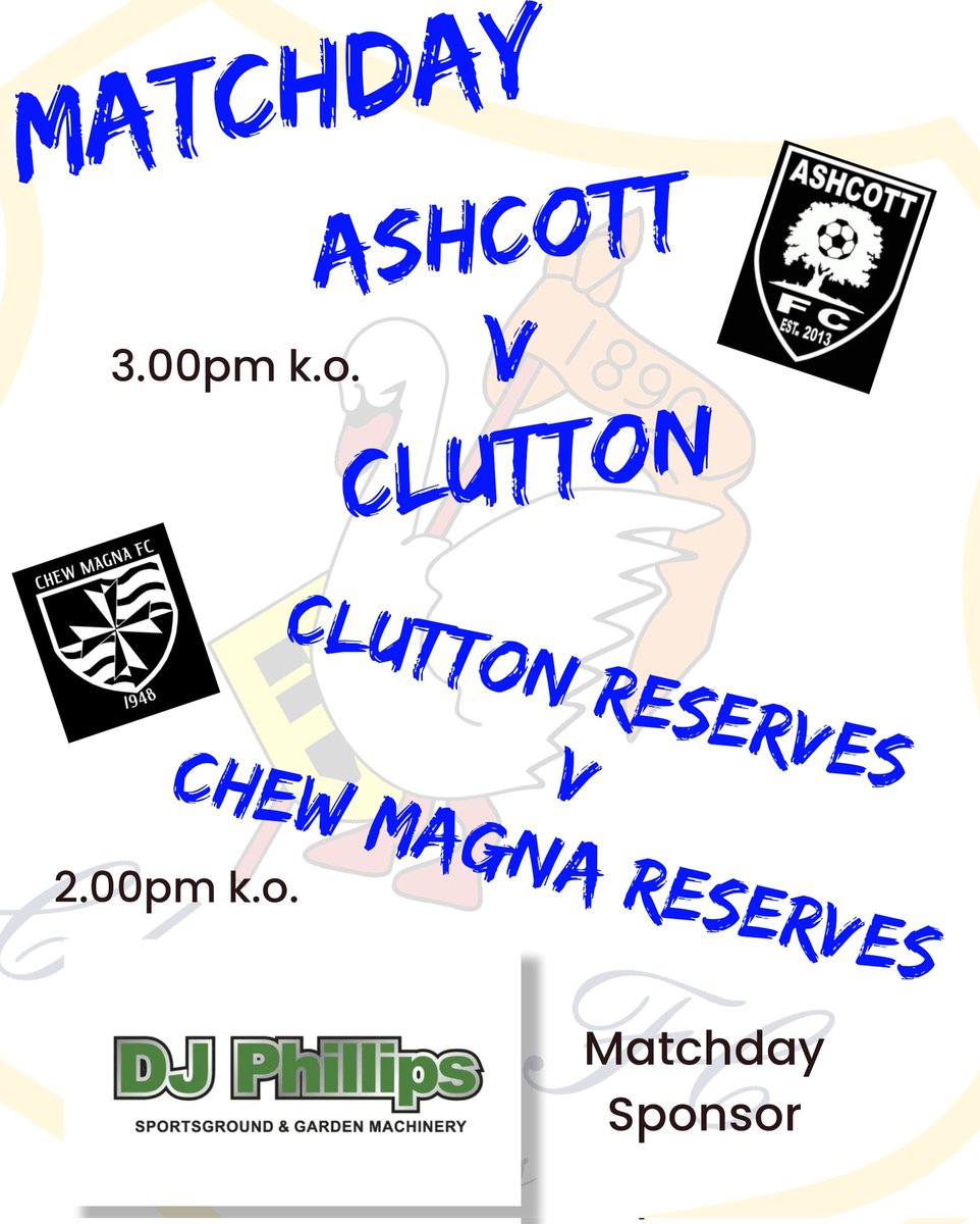 Clutton FC (@uptheswans) on Twitter photo <a href="/uptheswans/">Clutton FC</a> Today's Fixtures
1st Team away v <a href="/AshcottFC/">Ashcott FC</a> in <a href="/somersetcfl/">Somerset County FL</a> Div 1
Reserves Home v <a href="/unofficialmagna/">Chew Magna FC ๐</a>
๐ <a href="/Official_MSFL/">Mid-Somerset Football League</a> The Clark Cup Semi Final <a href="/uptheswans/">Clutton FC</a> Today's Fixtures
1st Team away v <a href="/AshcottFC/">Ashcott FC</a> in <a href="/somersetcfl/">Somerset County FL</a> Div 1
Reserves Home v <a href="/unofficialmagna/">Chew Magna FC ๐</a>
๐ <a href="/Official_MSFL/">Mid-Somerset Football League</a> The Clark Cup Semi Final