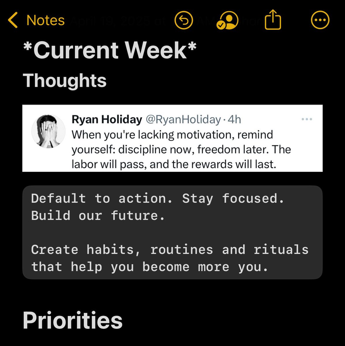 franklyh91's tweet photo. @RyanHoliday I’ve had a screenshot of this tweet pinned to the top of my weekly priorities notes for a long time. Excellent reminder. https://t.co/hUiBxL6oBC