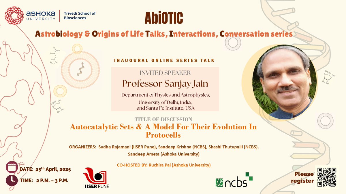 Sandeep Ameta (@ametasandeep) on Twitter photo We are happy to announce AbiOTIC (Astrobiology & Origins of Life Talks, Interactions, Conversation) series, which will delve into research talks, dialogues, & conversations around the Origin of Life problem. <a href="/AshokaUniv/">Ashoka University</a> <a href="/TSB_Ashoka/">Trivedi School of BioSciences, Ashoka University</a> <a href="/IISERPune/">IISER Pune</a> <a href="/NCBS_Bangalore/">National Centre for Biological Sciences</a> <a href="/COoLLabSR/">COoL Lab</a> <a href="/stpalli/">Shashi Thutupalli</a> We are happy to announce AbiOTIC (Astrobiology & Origins of Life Talks, Interactions, Conversation) series, which will delve into research talks, dialogues, & conversations around the Origin of Life problem. <a href="/AshokaUniv/">Ashoka University</a> <a href="/TSB_Ashoka/">Trivedi School of BioSciences, Ashoka University</a> <a href="/IISERPune/">IISER Pune</a> <a href="/NCBS_Bangalore/">National Centre for Biological Sciences</a> <a href="/COoLLabSR/">COoL Lab</a> <a href="/stpalli/">Shashi Thutupalli</a>