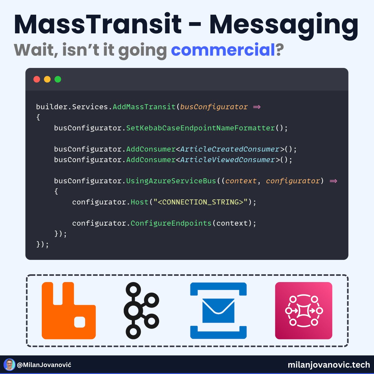 MassTransit is one of the best libraries in the .NET ecosystem.

And it's going commercial next year...

But that shouldn't stop you from at least considering it.

Here's why.

MassTransit is a library that gives you all the tools you need to build modern distributed systems.