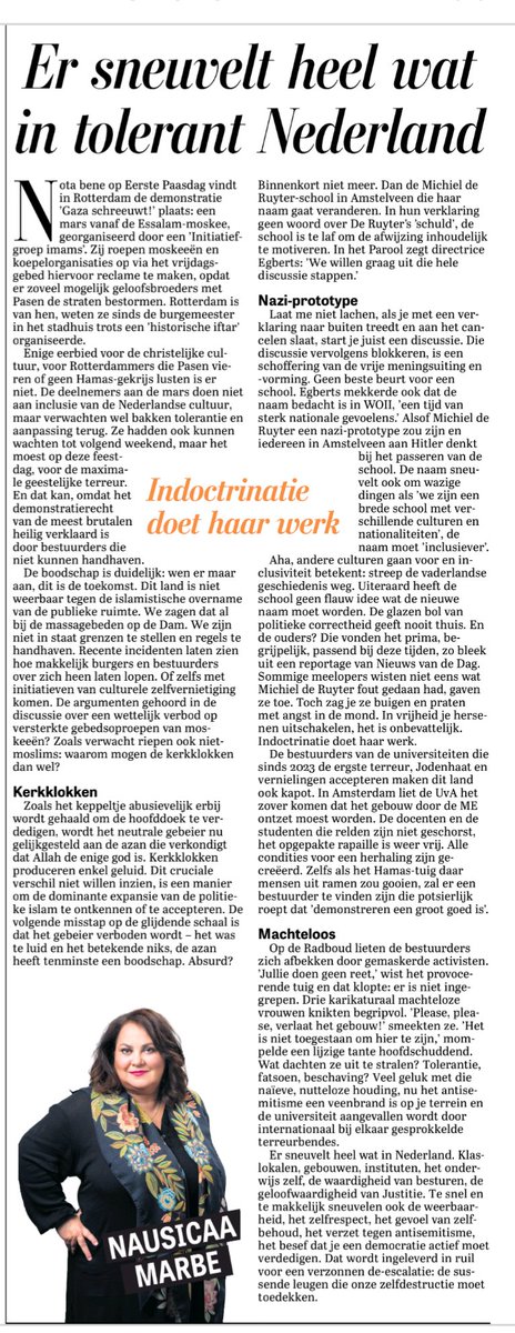 Er sneuvelt heel wat in tolerant Nederland

Iedere zin is raak. Lees het alsjeblieft.
Dank <a href="/nausicaamarbe/">Nausicaa Marbe 🇺🇦</a>