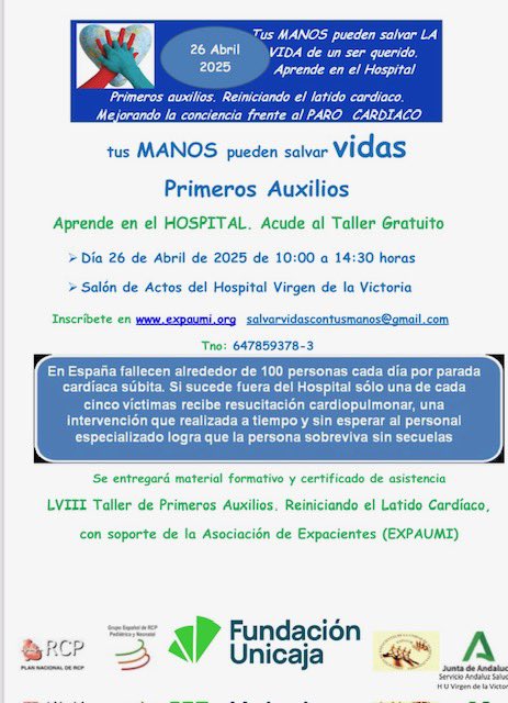 🔵Te recordamos que el próximo 26 de abril 📆 tiene una nueva cita con la vida ❤️.
<a href="/EXPAUMI/">EXPAUMI</a> <a href="/saludand/">Consejería de Sanidad, Presidencia y Emergencias</a> <a href="/FundUnicaja/">Fundación Unicaja</a> <a href="/gerenteclinico/">Gerente Clínico Málaga</a> 
🔵Continuamos con nuestros talleres de RCP ⬇️ Aquí tienes la info.