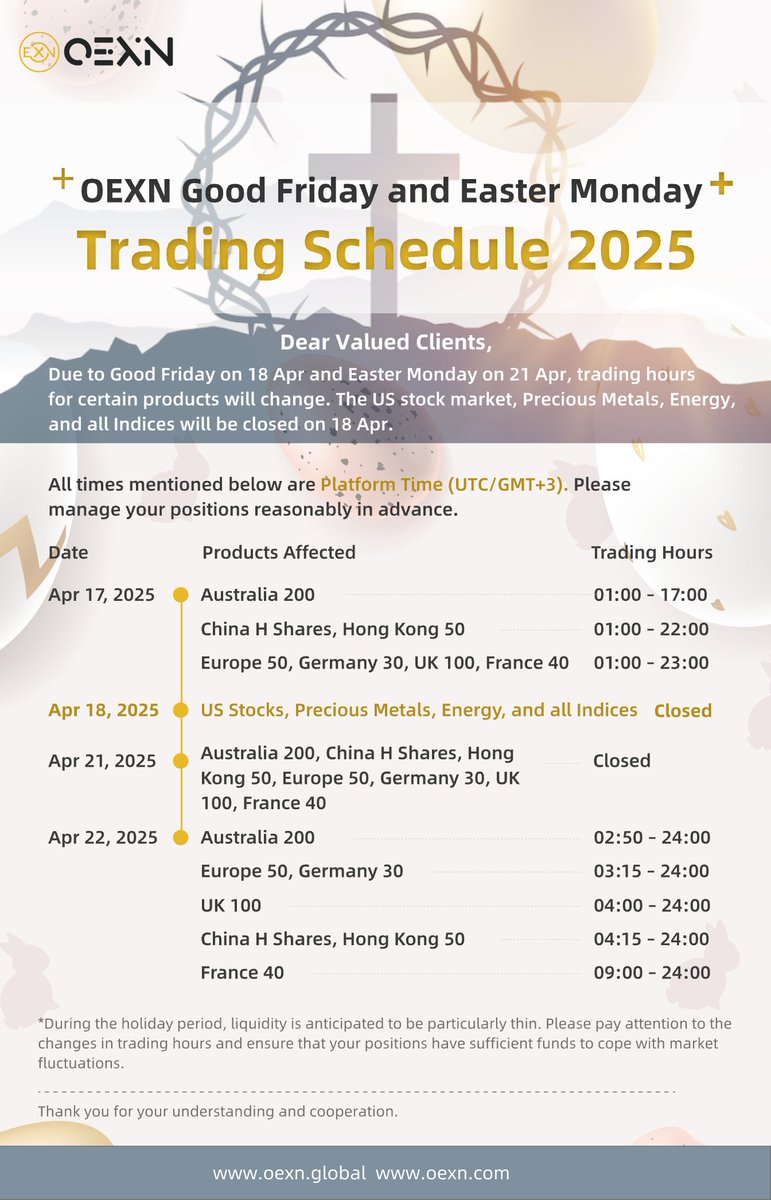 OexnAfrica's tweet photo. Easter Trading Alert
Markets will have adjusted hours Apr 17–22.
US Stocks & more closed on Apr 18.
Plan ahead & Happy Easter from OEXN Africa
#OEXNAfrica #EasterTrading #Forex https://t.co/xkcJtvaS9t