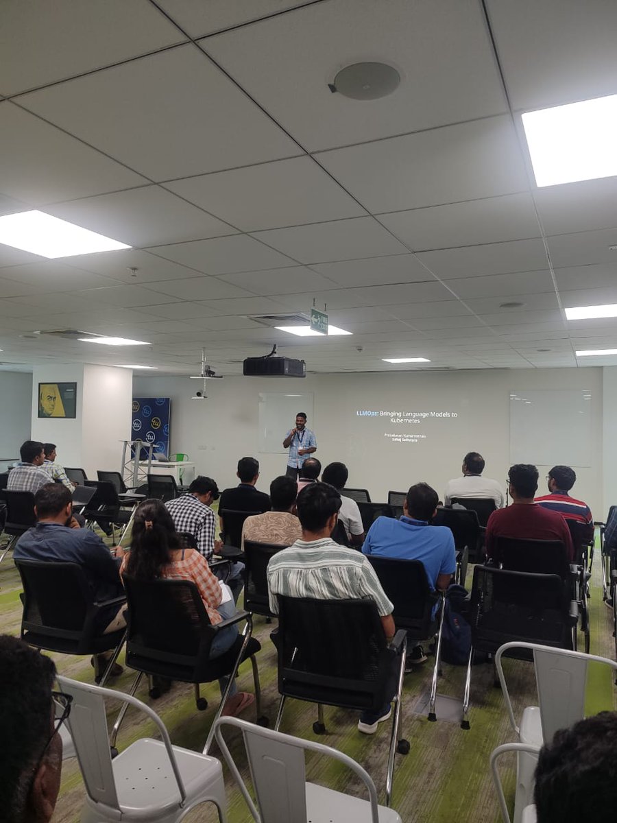 cncfhyd's tweet image. With the third talk on LLM Ops – Bringing LLMs to Kubernetes, @iPrabakaran is here sharing his insights on running large language models efficiently on Kubernetes. #LLMOps #Kubernetes #MLOps #AI #cncf #MEETUP