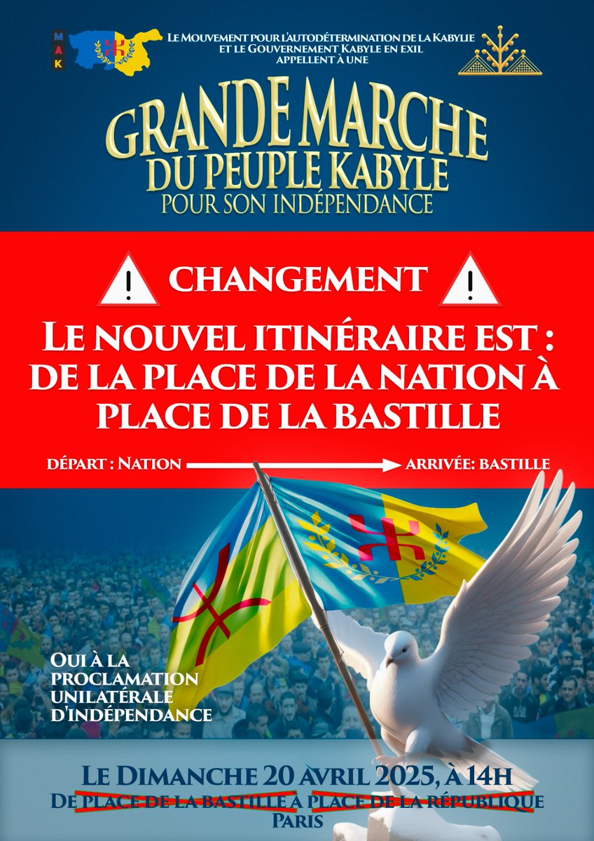 FerhatMhenni's tweet photo. MARCHES KABYLES DU 20 AVRIL 2025

De nombreuses marches auront lieu ce dimanche 20/04/2025 à travers le monde, San Francisco, Montréal, Dublin et Londres. A New York, c'est pour aujourd'hui qu'elle aura lieu.

A Paris, je marcherai dimanche de Nation à Bastille dès 14h.
Venez toutes et tous m'accompagner pour 

1) la libération de tous nos prisonniers politiques 
2) l'abrogation de l'article criminel 87 bis du code pénal algérien 
3) le droit à l'autodétermination du peuple kabyle
4) le soutien à la prochaine déclaration unilatérale d'indépendance de la Kabylie.

#Kabylie
#freekabylia
#Mak
#Anavad 
#Abrogation87bis
#Algérie