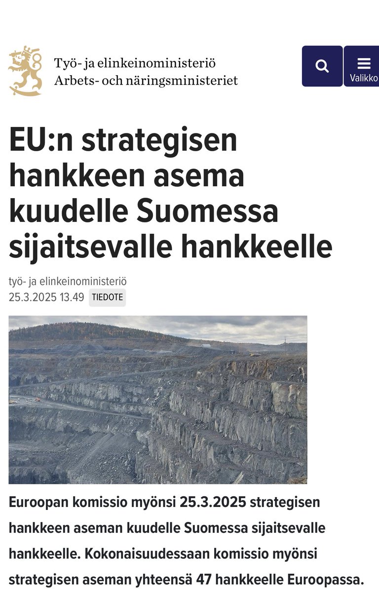 Toimenpideet TOP3 mineraalihankkeiden hyödyntämiseksi👇🏻

EU myönsi maaliskuussa strategisen hankkeen aseman kuudelle 🇫🇮🇫🇮 sijaitsevalle hankkeelle.

1️⃣ Mineraalistrategiamme terävöitys

2️⃣ Norjan malli. Voitot rahastoon poikimaan.

3️⃣ Edesauttaa hankkeita tehokkaasti.
