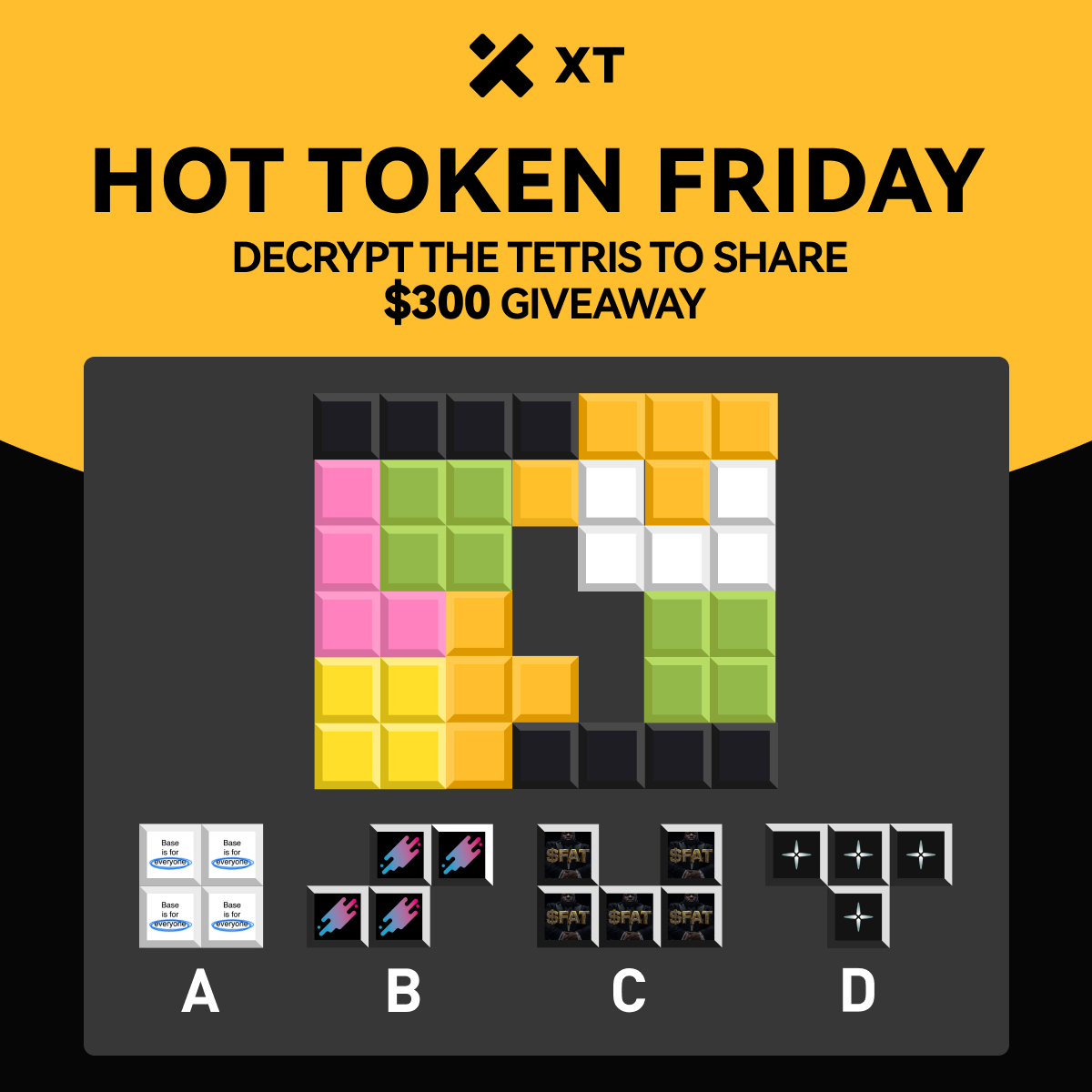 XTexchange's tweet photo. 🎉 HOT TOKEN FRIDAY! Decrypt the Tetris to Share $300 Giveaway 💰

✅ Follow @XTexchange &amp; @XTExchangecn
✅ Like &amp; RT with #XT #TGIF #Giveaway + tag 3 friends
✅ Join: https://t.co/poGJZ4z5jB
✅ Comment your answer + XT UID

⏰ Draw Date: Apr 25

$DARK $BIFE $AERGO $FAT https://t.co/ETR40gtzpp