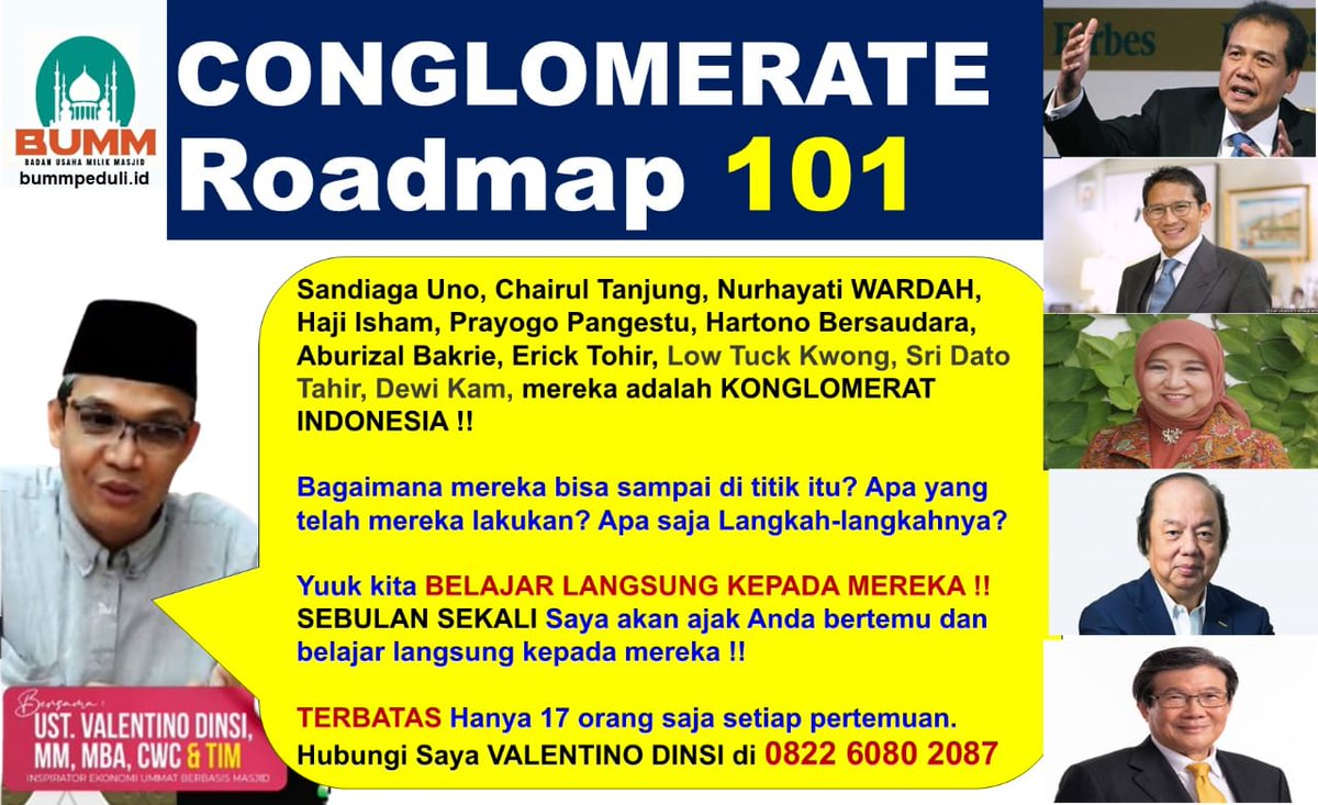 "Bisnis kamu gitu2 aja? Ekonomi kamu juga gitu2 aja? Coba lihat 5 teman terdekamu !! Kalau mereka gitu2 aja ! NAH itu sebabnya kamu juga gitu2 aja."

Life up pergaulanmu dengan bergabung di *Club KONGLOMERATE Roadmap 101* yang kami inisiasi.

Valentino Dinsi
0822 6080 2087