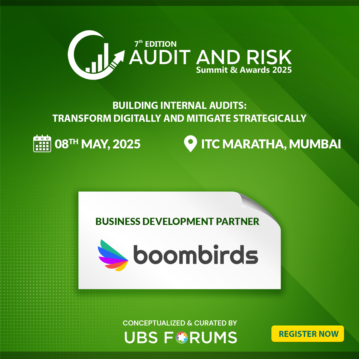 We are excited to welcome <a href="/Goboombirds/">Boombirds</a> on-board as our Official Business Development Partner for the highly anticipated "7th Edition Audit and Risk Summit &amp; Awards 2025.” 
📅Date: Tuesday, 08th May   
📍Venue: ITC Maratha, Mumbai
🔗Register Now: tinyurl.com/4enm5u2v 
#UBSFAAR