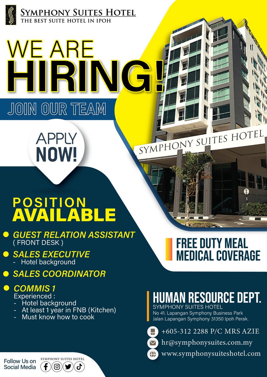 SuitesSymphony's tweet photo. EXCITING NEWS! We are expanding our team and looking for talented individuals to join us. If you're ready to grow and thrive in a hospitality environment, we want to hear from you! 🌟💼 #symphonysuiteshotel #hotel #Hiring #JobOpportunity #TeamExpansion https://t.co/dV4TNvTfHg