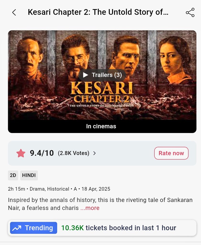 GujjuAkkians's tweet photo. Blast 🧨 Non Holiday BMS 🔥🔥🔥
11K per/hr #Kesari2 #KesariChapter2Review #KesriChapter2 #AkshayKumar𓃵 @akshaykumar @DharmaMovies @filmy_view https://t.co/pWFaeoU1aK