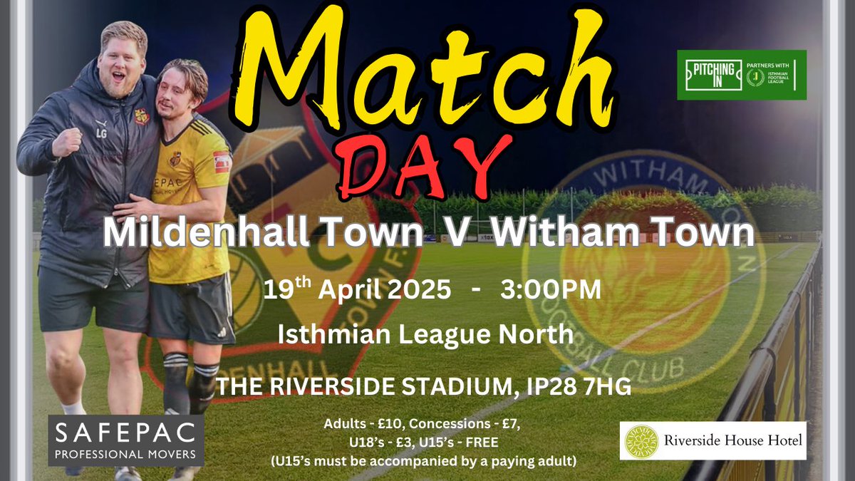Mildenhall Town FC (@mildenhalltown) on Twitter photo ⚽️ Match Day ⚽️
We welcome <a href="/Withamtownfc/">WithamTownFC</a> to The Riverside Stadium today for our <a href="/IsthmianLeague/">The Pitching In Isthmian League</a> North clash, 3pm kick-off.
The bar will be open as ever along with Shane’s Snack Shack.
Cash or card accepted
Get along and support your local non league club.
#upthehall ⚽️ Match Day ⚽️
We welcome <a href="/Withamtownfc/">WithamTownFC</a> to The Riverside Stadium today for our <a href="/IsthmianLeague/">The Pitching In Isthmian League</a> North clash, 3pm kick-off.
The bar will be open as ever along with Shane’s Snack Shack.
Cash or card accepted
Get along and support your local non league club.
#upthehall