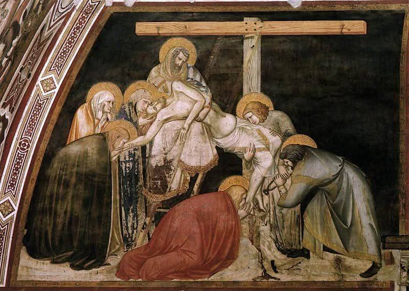 RamellaUgo's tweet photo. Nicodemo a destra è ancora impegnato con le tenaglie nello staccare il chiodo dai piedi di Gesù assistito da Giovanni che regge le gambe di Cristo. Maddalena bacia i piedi insanguinati inginocchiandosi a terra formando col mantello rosso una figura di stampo giottesco. Il⬇️1️⃣ https://t.co/b79cL6VLUI