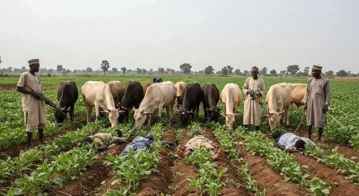Bashir Ahmad <a href="/BashirAhmaad/">Bashir Ahmad, OON</a>, do you want to claim that you have not seen this picture of Fulani terrorists leveling four farmers right inside their farms while cattle feed on their crops?

Why are you not trending the picture? Just give me one reason!

Is this why the Sultan of