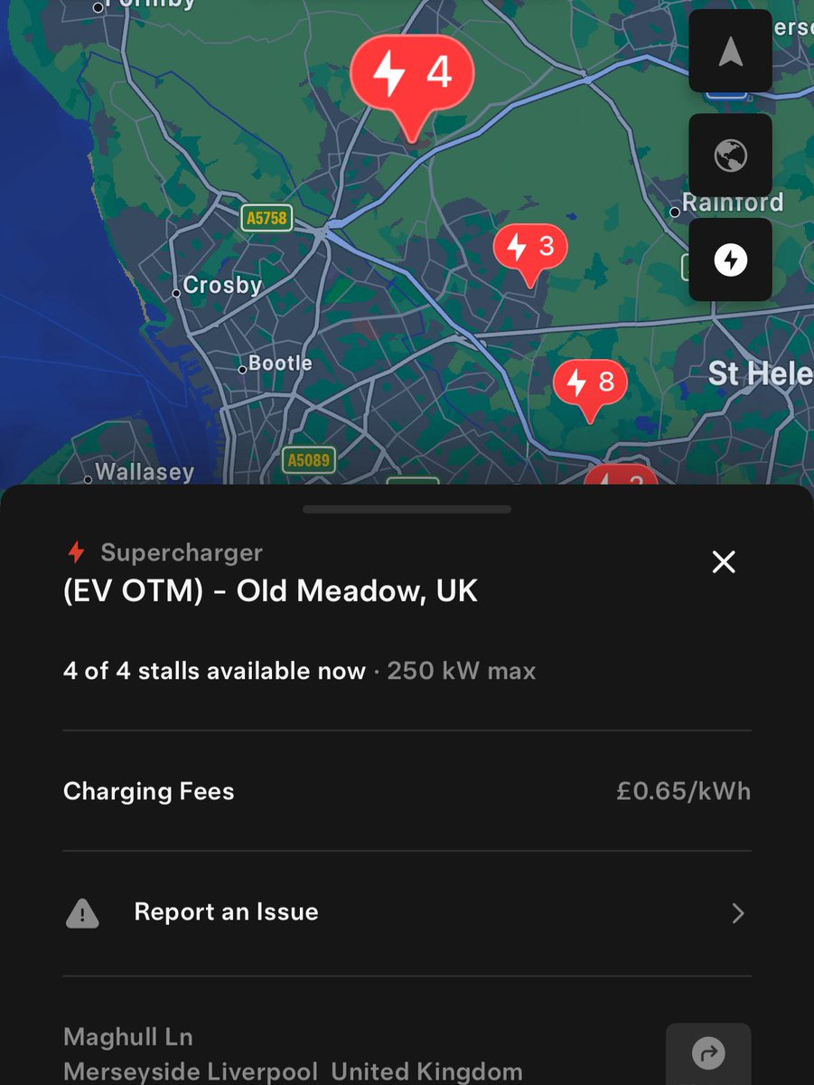 Anekcahaps's tweet image. EV-On-The-Move Old Meadow UK Supercharger is now open at M58 J1 Maghull Services, north east of Liverpool. It seems EVOTM are replacing their ABB installations with Tesla where possible.