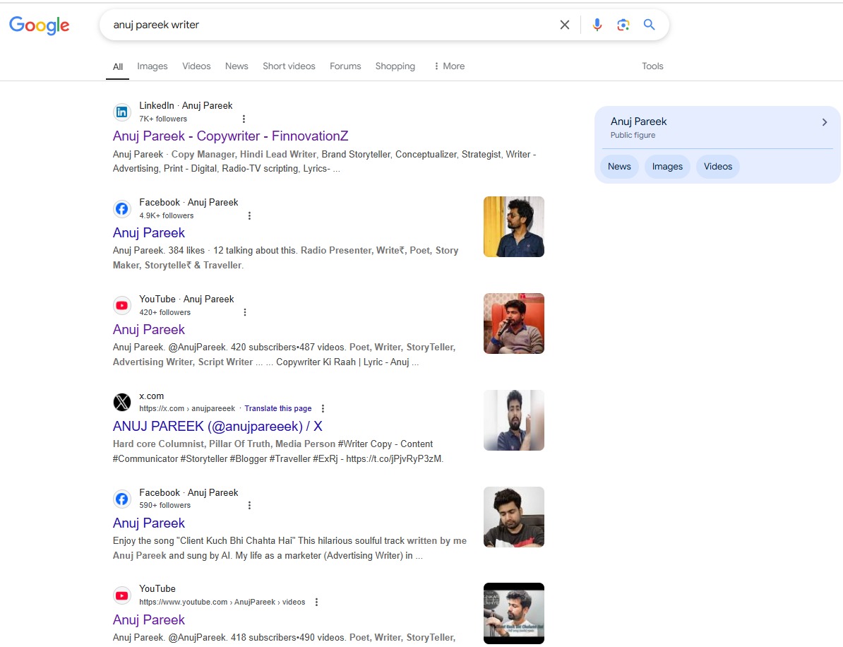 anujpareeek's tweet photo. From writer to public figure! I'm delighted to see my name popping up in search results. @Google revealed a treasure trove of my work, collaborations, and achievements. I'm thrilled to be making a mark online!
Grateful for this journey &amp; excited for what's next? 
#anujpareek https://t.co/gq9TbrGSpx