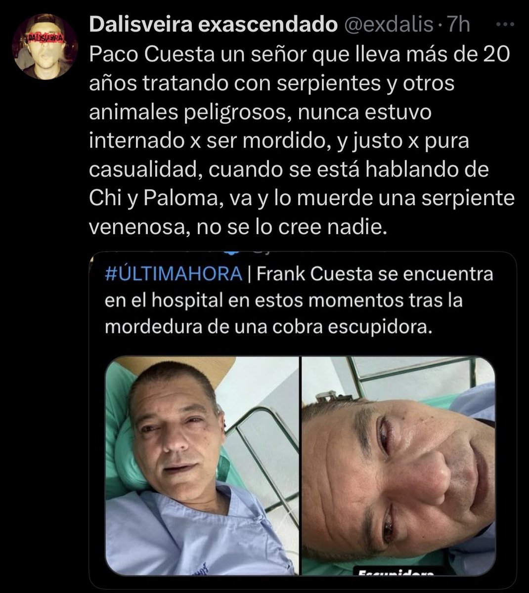 En efecto, Frank Cuesta lleva más de 20 años trabajando con todo tipo de serpientes y animales peligrosos pero ningunos tan venenosos como con lo que lleva tratando en los últimos 2 años, tú y los del grupito van incluidos en las peores y peligrosas especies con las que se ha