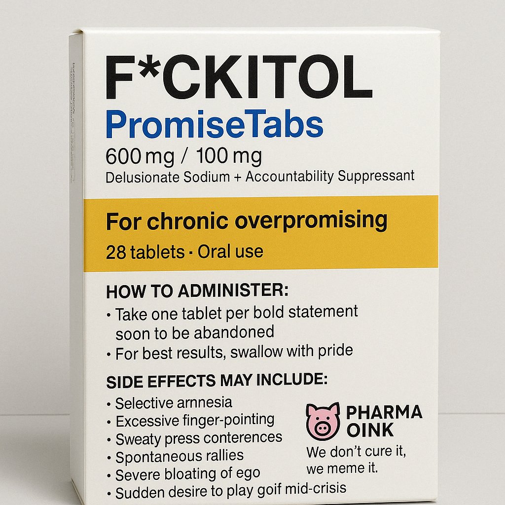 CryptO_Oink's tweet photo. Active ingredient: 

500mg Delusionate Sodium + 100mg Accountability Suppressant

Form: Oral tablets (best swallowed with your pride)

Indication:
For chronic overpromising followed by immediate disinterest. Ideal for public figures experiencing "Sudden Moral Inertia Syndrome" (SMIS).

How to administer:

Take one (1) tablet every time you make a bold statement you never planned to follow through on.

For enhanced effect, wash down with a glass of Kool-Aid and a crowd of cheering yes-men.

Side effects may include:

- Selective amnesia

- Excessive finger-pointing

- Sweaty press conferences

- Spontaneous rallies

- Severe bloating of ego

- Sudden desire to play golf mid-crisis

Warning:
May cause hallucinations of greatness and uncontrollable projection. Not suitable for adults with empathy.