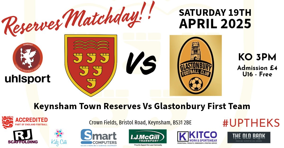 💥⚽️It's Reserve MATCHDAY⚽️💥

<a href="/KeynshamTownRes/">Keynsham Town FC Reserves</a>🆚<a href="/GlastonburyFC/">Glastonbury FC</a> 

📆 Sat 19th April 2025

🏟 The Crown Fields, BS31 2BE
 
⚽️ KO 15:00

🏆 <a href="/uhlsportUK/">uhlsport UK & IRE</a> <a href="/somersetcfl/">Somerset County FL</a> Division 1

💷 £4 Adults - U16 🆓

#uptheks 🟠⚫️

<a href="/NonLeagueFix/">NonLeagueFixtures</a> <a href="/NonLeagueHQ1/">NonLeagueHQ</a> <a href="/swsportsnews/">South West Sports News</a> <a href="/bsoccerworld/">Bristol Soccerworld</a>