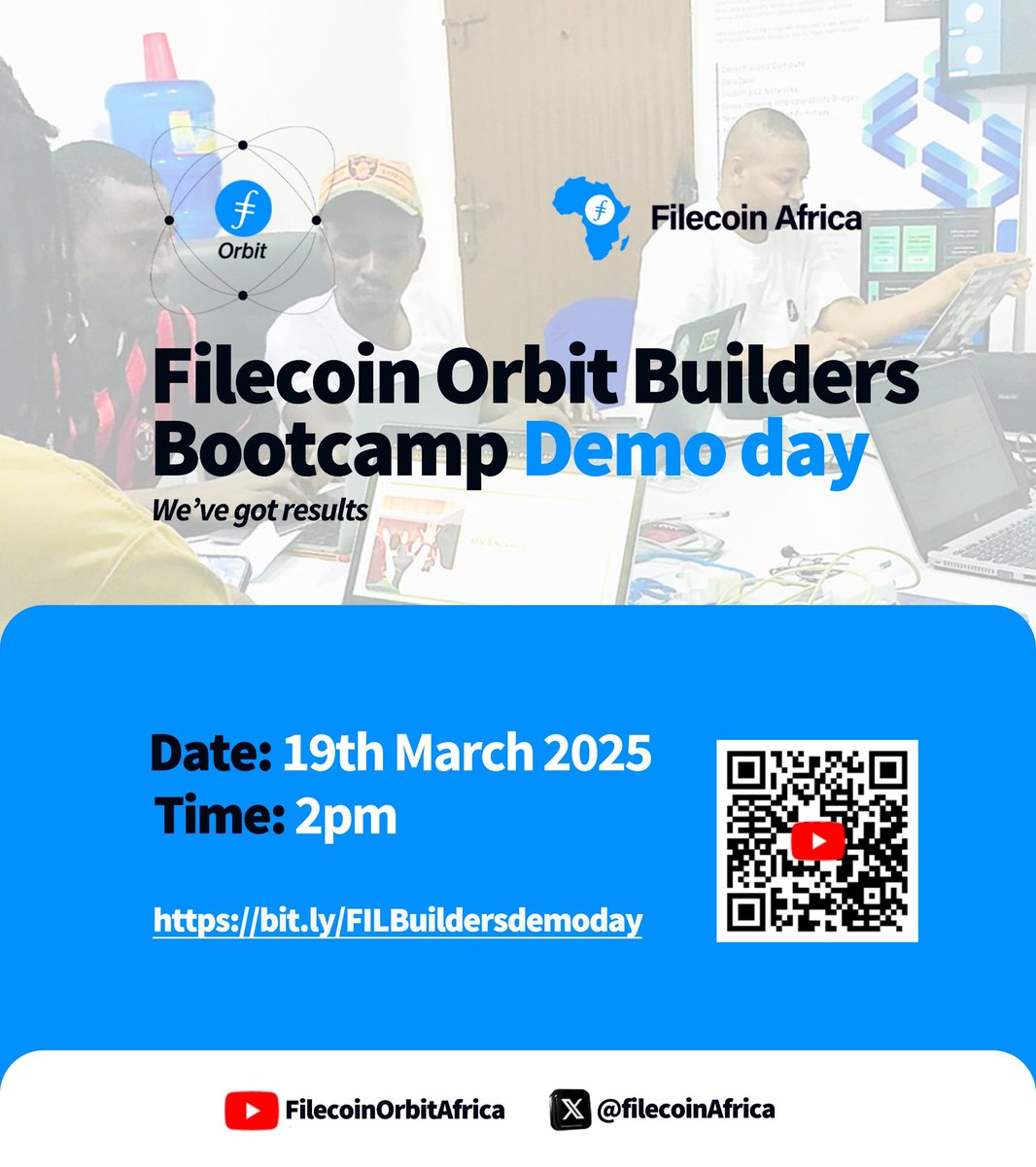 🚨 It’s Demo Day! After 21 days of building at the #FilecoinOrbit builder Bootcamp.

4 brilliant teams are demoing what they’ve created.

We're streaming LIVE today – Saturday, 19/04/2025 by 2PM WAT 🎥 📺 

Watch here: youtube.com/live/ghUqOfATx…

#orbitbuilders2025 #DemoDay