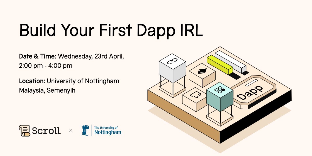 Scroll_ZKP's tweet photo. First ever web3 workshop on campus at the University of Nottingham Malaysia!

We're bringing blockchain to @UoNMalaysia with a beginner-friendly intro where you'll build your first dapp in just 90 minutes.

No technical background needed - just curiosity and questions.

Join @rh_bdl and the @polystream_xyz team for:
• 20min crash course on web3, blockchain & Scroll
• 90min hands-on dapp building session
• Open Q&A to answer all your burning questions.