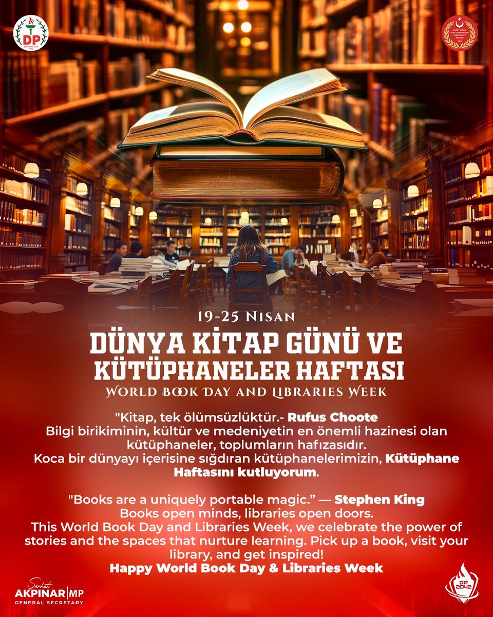 akpinar_serhat's tweet photo. “Kitaplar insanlığın ortak hafızasıdır; kütüphaneler ise bu hafızanın yaşayan kaleleridir.”
Okumak, sadece kelimelerle değil; düşünceyle, vicdanla ve bilinçle kurulan bir yolculuktur.
Dünya Kitap Günü ve Kütüphaneler Haftası vesilesiyle bir kez daha altını çiziyorum:
Bilgiye erişim her bireyin hakkıdır.
Her çocuğun elinde bir kitap, her gencin zihninde bir fikir, her yurttaşın kalbinde bir umut olmalı.
Çünkü biz inanıyoruz ki; okuyan toplum, düşünen toplumdur… 
Çünkü okuyan bir toplum, özgür bir gelecek demektir.

Düşünen toplum ise geleceğini kendi elleriyle kurar.

Serhat Akpınar
Demokrat Parti Genel Sekreteri
Girne Milletvekili
#kitap #kitapgünü #kütüphane #kütüphanehaftası @DemokratParti92