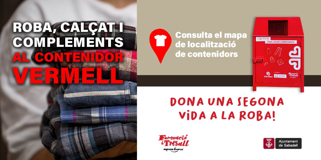 Aj_Sabadell's tweet photo. 𝗗𝗼𝗻𝗮 𝘂𝗻𝗮 𝘀𝗲𝗴𝗼𝗻𝗮 𝘃𝗶𝗱𝗮 𝗮 𝗹𝗮 𝗿𝗼𝗯𝗮❗

👚👞👜Roba, sabates i bosses de mà al contenidor vermell 🟥

📍🔍Consulta el mapa de localització de contenidors: https://t.co/NcN0kNVFdv

#SegonaVida #Sabadell #RumbalFutur #Roba #Calçat #Contenidors https://t.co/LcOLzDm5ks
