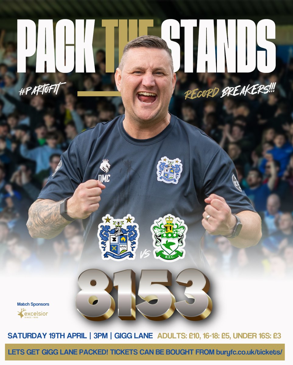 ⚪🔵 It's here! Final match day of the NWCFL Premier Division. 

The Shakers need a point to secure the title in front of over 8150 fans at Gigg Lane  

Get your ticket! Be #PartOfIt

Tickets on sale until 12:30 pm -  buryfc.co.uk/tickets 

Pay on the day available.

#BuryFC