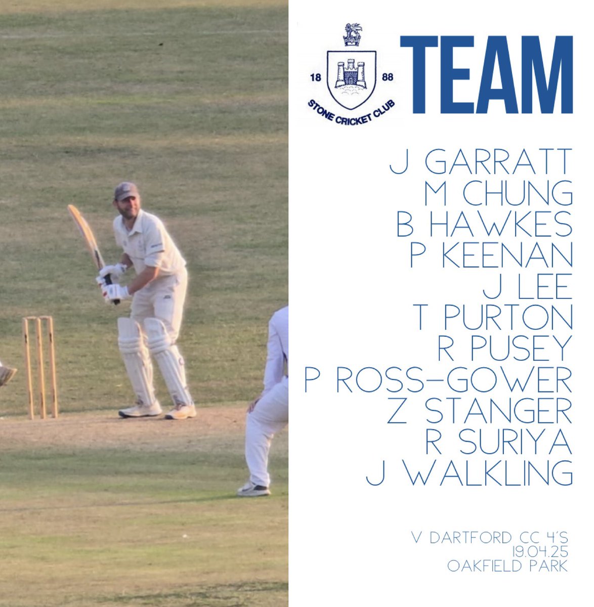 StoneCricket's tweet photo. Here we go then, first team sheet of the season as we take on the landlords @dartfordcricket down at Oakfield today. A couple of new faces in the line up which is always great to see. Jumpers on today methinks 🤨 Let's go! 

#StoneCC #Cricket #StoneKent #VillageCricket #Stone25 https://t.co/e2ZfYww4hc