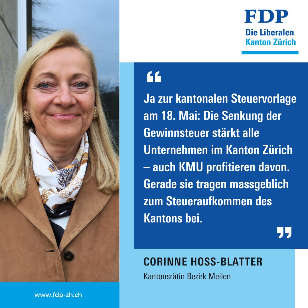 👋🍂 Heute ziehen viele #KMUs vom Kanton Zürich weg, in andere Kantone. Weil sie dort weniger #Steuern zahlen.

✅ Darum stimmt #FDP-Kantonsrätin Corinne Hoss-Blatter Ja zur #Steuervorlage am 18. Mai. 

Weitere gute Gründe für ein Ja: 🔗 steuersenkung-ja.ch