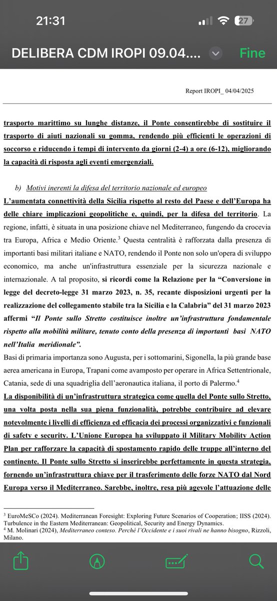 Il governo Meloni dichiara il ponte sullo stretto opera d’interesse strategico militare per raggirare il parere negativo ambientale sui vincoli europei! Sperperano 14 mld di € e acquistano armi tagliando fondi a sanità, scuola, trasporti, mentre l’Italia è travolta dal fango !