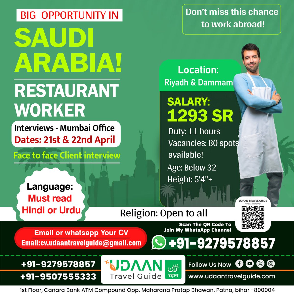 UdaanGuide's tweet photo. Exciting overseas job opportunity awaits you in #SaudiArabia! 🌍✨

If you’ve been dreaming of working abroad and building a better future, this is your moment. #UdaanTravelGuide is organizing interviews for Restaurant Worker positions right here in Mumbai on 21st &amp; 22nd April. https://t.co/BqRS0MMiGx