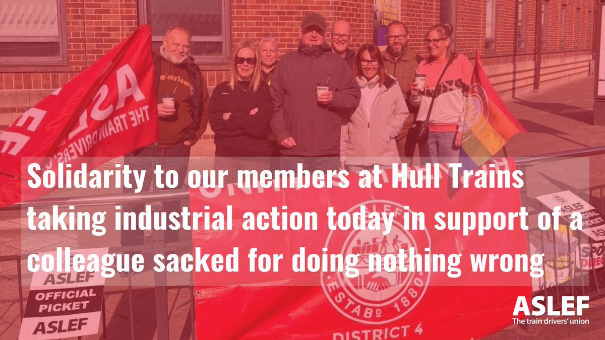 ASLEFunion's tweet photo. Solidarity with our members at Hull Trains taking industrial action today.
The company’s failure to act responsibly has enormous implications not just for rail workers and passengers at Hull Trains but for staff and passengers right across the wider rail network.
#ASLEFstrike https://t.co/zDFXTy0VQZ