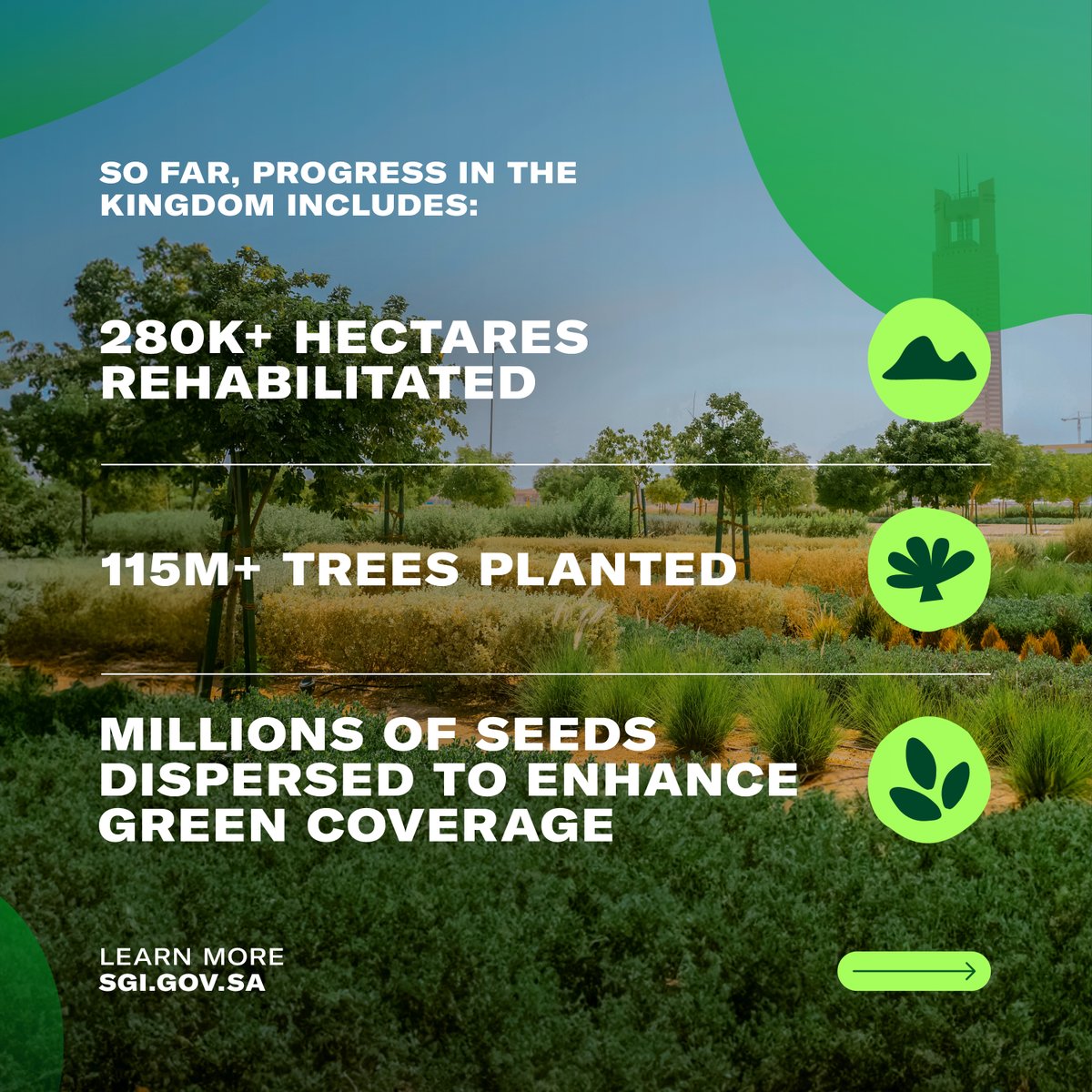 SGISaudi's tweet photo. With #SaudiEnvironmentWeek just 1️⃣ day away, we are celebrating the Kingdom's significant strides in greening our landscape.

Swipe to learn more about the progress being made in the Kingdom ⏩