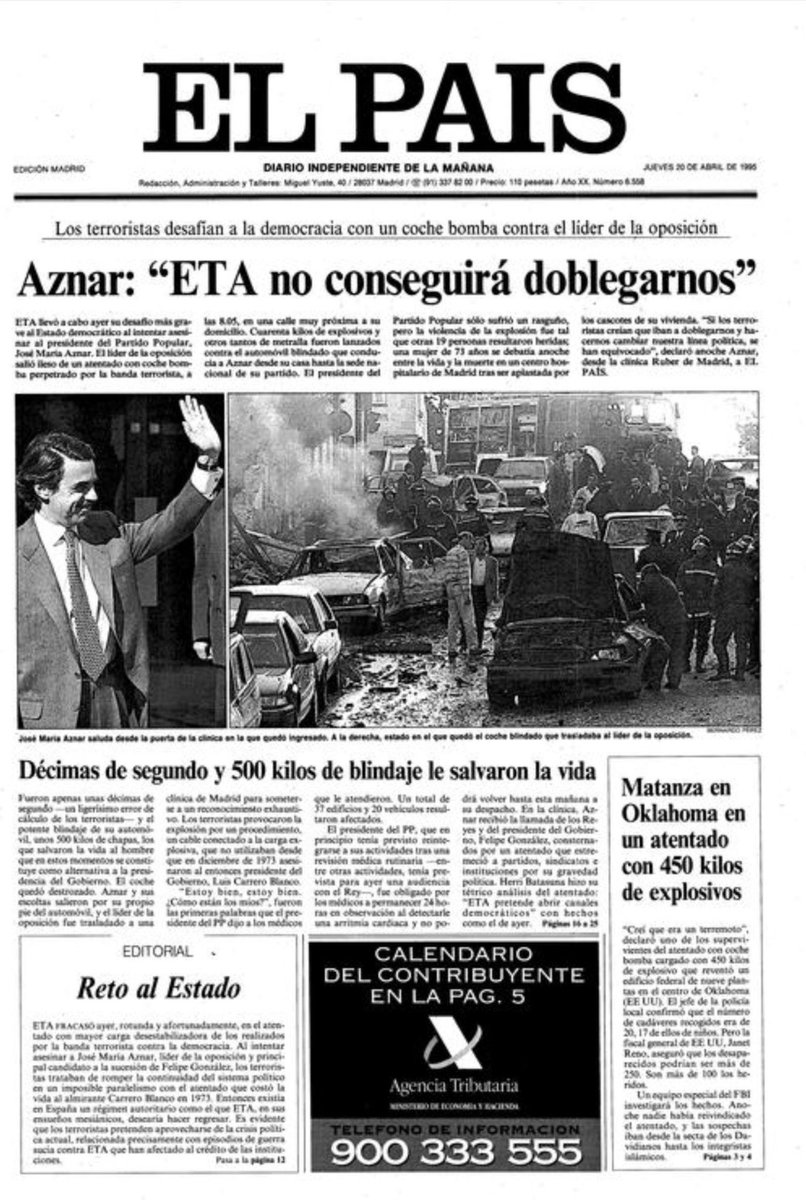 #TalDiaComoHoy 1995, hace 30 años, en el atentado con coche bomba contra Aznar, #ETA dejó en coma más de tres meses a Margarita González Mansilla,  que acabó falleciendo sin pena ni gloria el 22 de julio.

Margarita no apareció en ninguna portada, ni entonces ni cuando murió.

🧵