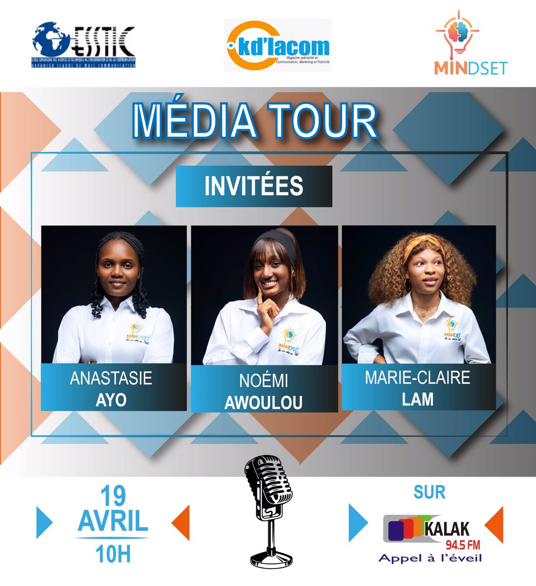 Mindset_up_'s tweet photo. Bonjour la Mindset community.💡
Nous vous invitons à suivre notre passage à la radio Kalak FM sur le thème de l’insertion socioprofessionnelle. On se retrouve aujourd’hui dès 10h sur la fréquence 94.5.
Ne ratez pas ça !
#Mindset #MindsetCommunity #Comm237 https://t.co/7aEImqKcqn