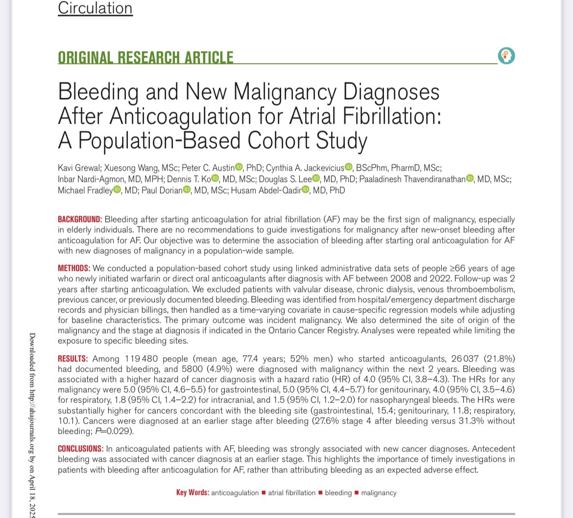 Erman Akkus (@erman_akkus) on Twitter photo 🩸Patients with AF ➡️ anticoagulation ➡️bleeding ➡️ new cancer diagnosis❓
<a href="/CircAHA/">Circulation</a>
🚨4.9% diagnosed with cancer within the next 2 years
🚨Risk, HR: 4.0 (95% CI, 3.8–4.3)
‼️Cancer diagnosis risk in bleeding site:
HRs: GI: 15.4; GU: 11.8; respiratory: 10.1
❓Earlier diagnosis: 🩸Patients with AF ➡️ anticoagulation ➡️bleeding ➡️ new cancer diagnosis❓
<a href="/CircAHA/">Circulation</a>
🚨4.9% diagnosed with cancer within the next 2 years
🚨Risk, HR: 4.0 (95% CI, 3.8–4.3)
‼️Cancer diagnosis risk in bleeding site:
HRs: GI: 15.4; GU: 11.8; respiratory: 10.1
❓Earlier diagnosis: