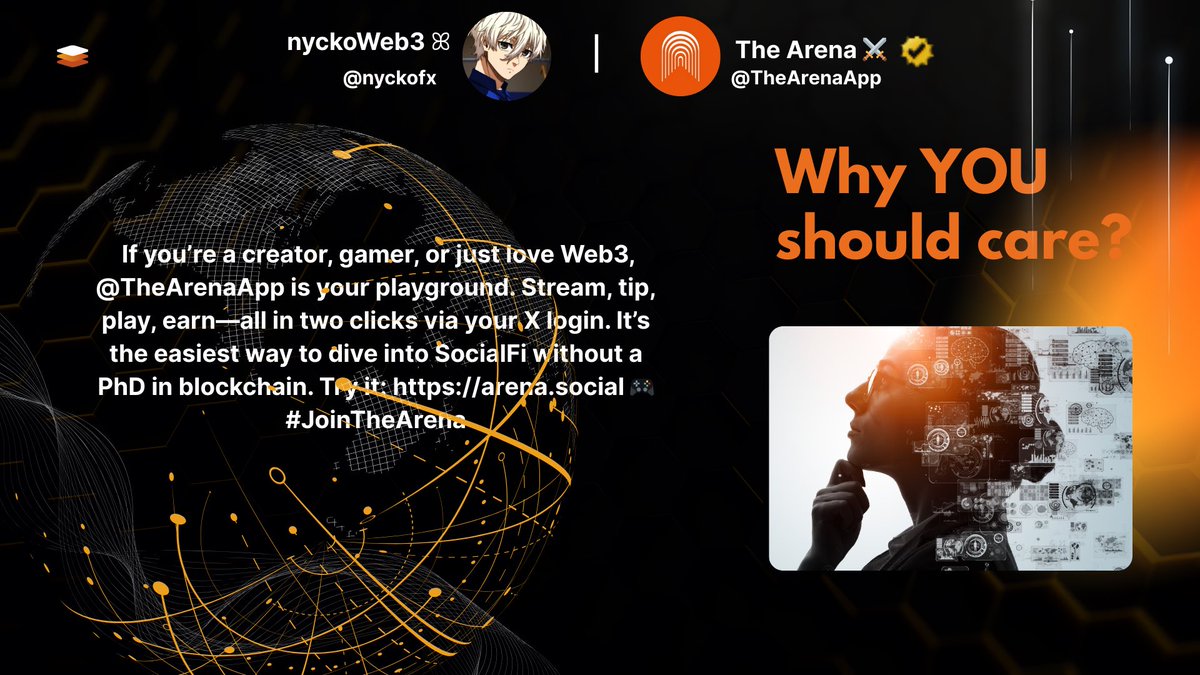 nyckodotfun's tweet photo. Why should YOU care? If you’re a creator, gamer, or just love Web3, @thearena is your playground. Stream, tip, play, earn—all in two clicks via your X login. It’s the easiest way to dive into SocialFi without a PhD in blockchain.Try it: https://t.co/CHrtfi8jZm 🎮 #JoinTheArena https://t.co/MOJS2IRlet