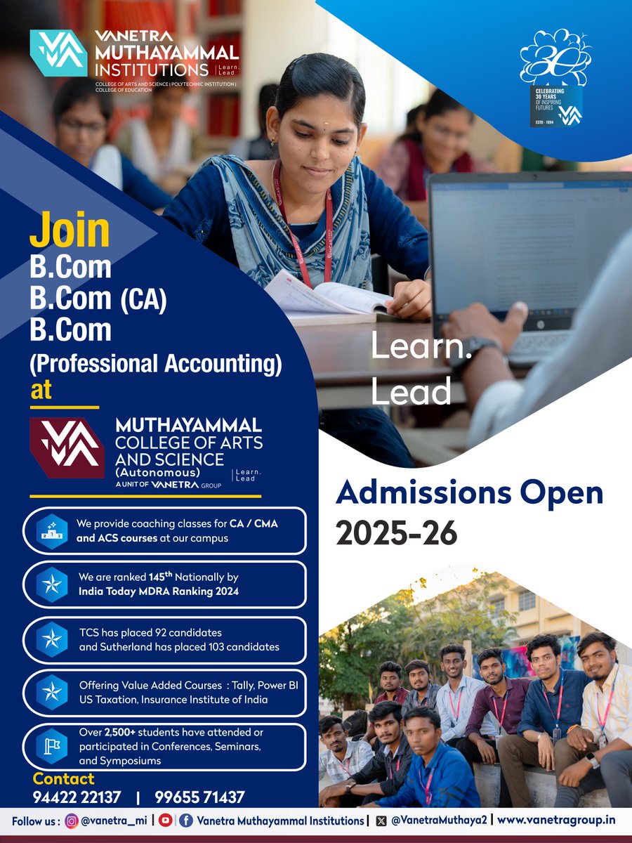 VanetraMuthaya2's tweet image. 📢 ADMISSIONS OPEN @ VANETRA – Muthayammal Institutions!
Step into the world of business excellence with our top commerce programs:
💼 B.Com
💻  (CA)
📚  (PA)

#AdmissionsOpen  #mcas #vanetra #vanetra_mi #students