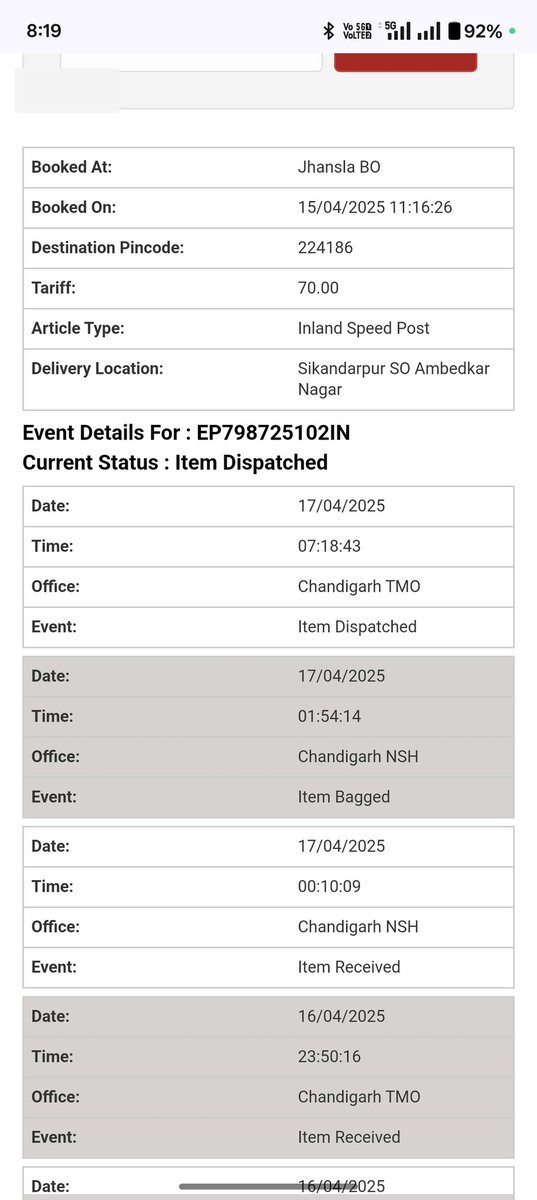 patel1190's tweet photo. I have booked Speed Post dated 15/04/25 till date no information about the where my pack. When we search shows dispatch the pack Chandigarh TMO last 3 days status. Today 19/04/25. This is Speed Post or Slow Post. @JM_Scindia @PemmasaniOnX  @IndiaPostOffice https://t.co/ua07ooICOI