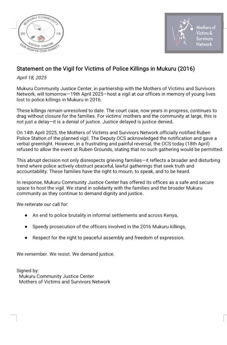 STATEMENT on our planned vigil for Victims of Police Killings in Mukuru, 2016. We carry on! 💪🏾 Viva!