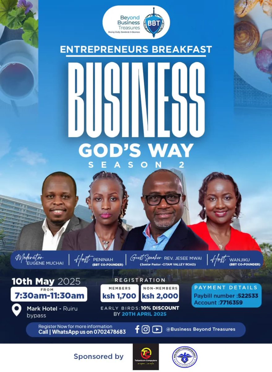 BbtKenya's tweet photo. Excited to attend the Nairobi Startup Summit on April 29th at Sarit Expo Centre!
The knowledge gained will help us empower our community to do business God’s way-as we prepare for our upcoming Entrepreneurs Breakfast on May 10th, 2025 at The Mark Hotel.
#NairobiStartupSummit https://t.co/Cdc1b387th