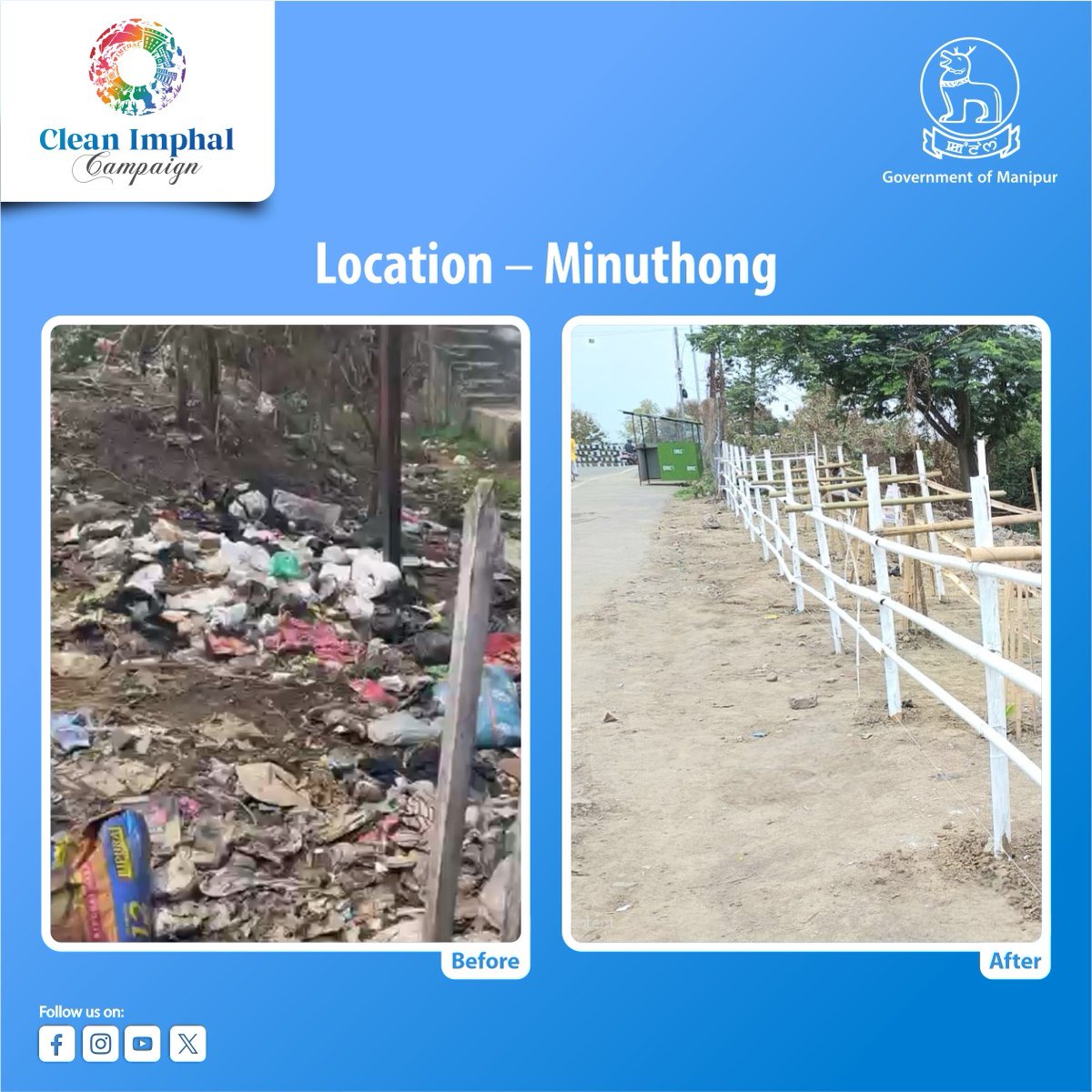 govt_of_manipur's tweet photo. Under the "Clean Imphal Campaign", the Garbage Vulnerable Point (GVP) near Minuthong, Imphal East has been cleaned, developed, beautified and reclaimed through the dedicated efforts of the MAHUD Department and IMC, with wholehearted public participation. 
• 20-03-2025 – The site was inspected by Team MAHUD & IMC.
• 22-03-2025 – IMC carried out extensive cleaning and land development. A Police Booth and a Solar Lamp were also installed to enhance safety and utility.
• 11-04-2025 – A plantation drive was conducted at the reclaimed site with enthusiastic participation from Universal Mothers' Organisation (UMO), All Manipur Muslim Students' Organisation (AMMSO) and Nirmal Foundation. Notable personalities Shadananda Hamom and Konthoujam Bobin graced the event, encouraging community involvement.
• 18-04-2025 – The final touch of bamboo fencing was added by the volunteers of Nirmal Foundation, giving the space a clean and green finish. 

This is a shining example of public participation and inter-agency collaboration, turning a neglected area into a source of community pride.

Let’s continue to take ownership of our public spaces.

#CleanImphalCampaign #GovernmentOfManipur #MAHUD #IMC #MyCityMyResponsibility #Manipur #Imphal