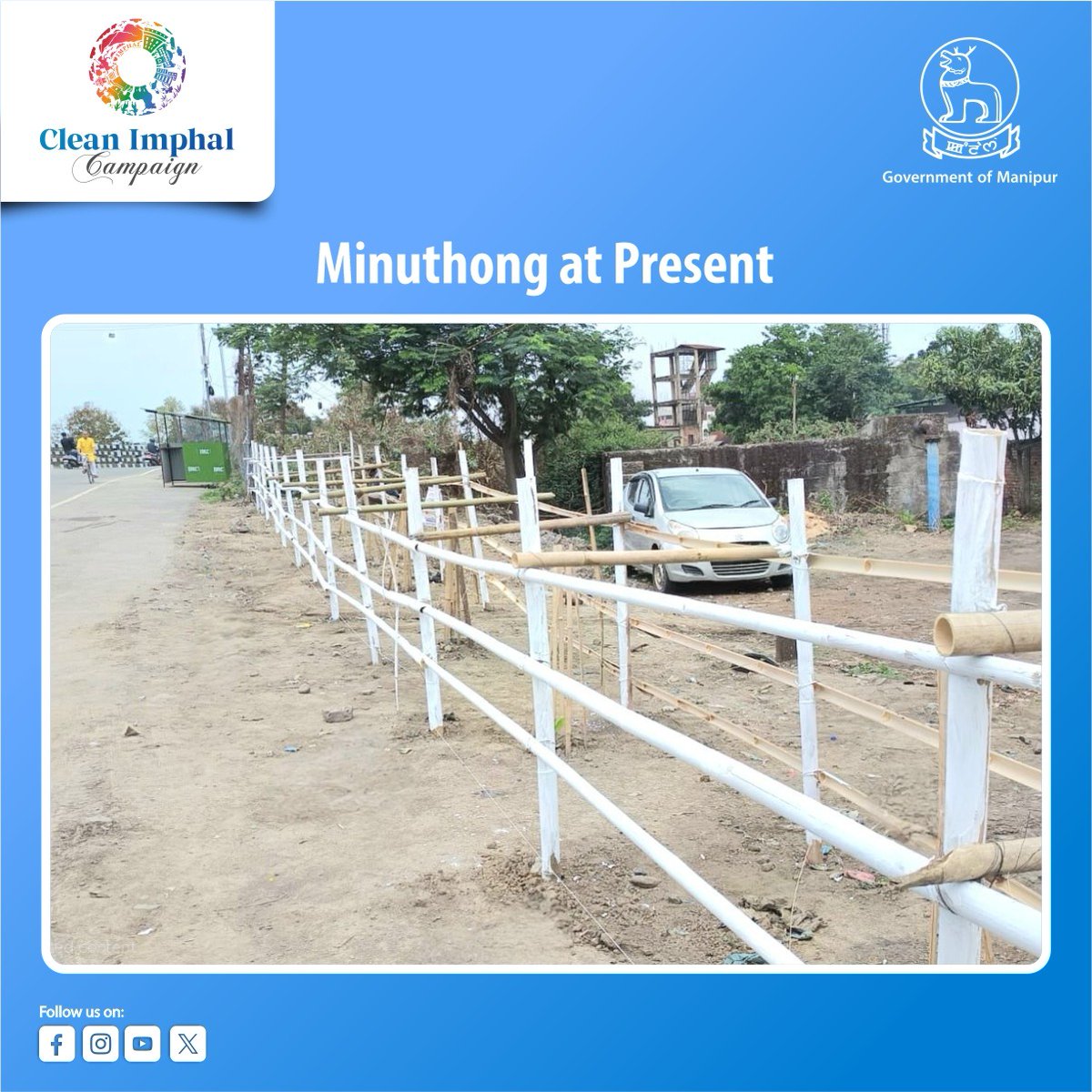 govt_of_manipur's tweet photo. Under the "Clean Imphal Campaign", the Garbage Vulnerable Point (GVP) near Minuthong, Imphal East has been cleaned, developed, beautified and reclaimed through the dedicated efforts of the MAHUD Department and IMC, with wholehearted public participation. 
• 20-03-2025 – The site was inspected by Team MAHUD & IMC.
• 22-03-2025 – IMC carried out extensive cleaning and land development. A Police Booth and a Solar Lamp were also installed to enhance safety and utility.
• 11-04-2025 – A plantation drive was conducted at the reclaimed site with enthusiastic participation from Universal Mothers' Organisation (UMO), All Manipur Muslim Students' Organisation (AMMSO) and Nirmal Foundation. Notable personalities Shadananda Hamom and Konthoujam Bobin graced the event, encouraging community involvement.
• 18-04-2025 – The final touch of bamboo fencing was added by the volunteers of Nirmal Foundation, giving the space a clean and green finish. 

This is a shining example of public participation and inter-agency collaboration, turning a neglected area into a source of community pride.

Let’s continue to take ownership of our public spaces.

#CleanImphalCampaign #GovernmentOfManipur #MAHUD #IMC #MyCityMyResponsibility #Manipur #Imphal