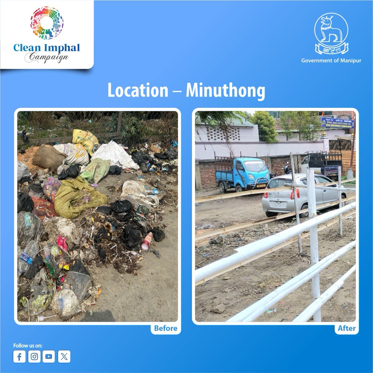 govt_of_manipur's tweet photo. Under the "Clean Imphal Campaign", the Garbage Vulnerable Point (GVP) near Minuthong, Imphal East has been cleaned, developed, beautified and reclaimed through the dedicated efforts of the MAHUD Department and IMC, with wholehearted public participation. 
• 20-03-2025 – The site was inspected by Team MAHUD & IMC.
• 22-03-2025 – IMC carried out extensive cleaning and land development. A Police Booth and a Solar Lamp were also installed to enhance safety and utility.
• 11-04-2025 – A plantation drive was conducted at the reclaimed site with enthusiastic participation from Universal Mothers' Organisation (UMO), All Manipur Muslim Students' Organisation (AMMSO) and Nirmal Foundation. Notable personalities Shadananda Hamom and Konthoujam Bobin graced the event, encouraging community involvement.
• 18-04-2025 – The final touch of bamboo fencing was added by the volunteers of Nirmal Foundation, giving the space a clean and green finish. 

This is a shining example of public participation and inter-agency collaboration, turning a neglected area into a source of community pride.

Let’s continue to take ownership of our public spaces.

#CleanImphalCampaign #GovernmentOfManipur #MAHUD #IMC #MyCityMyResponsibility #Manipur #Imphal